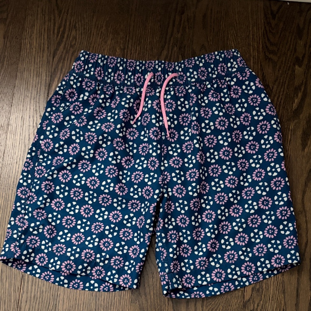 Crewcuts Navy Floral Swim Trunks with Pink Accents